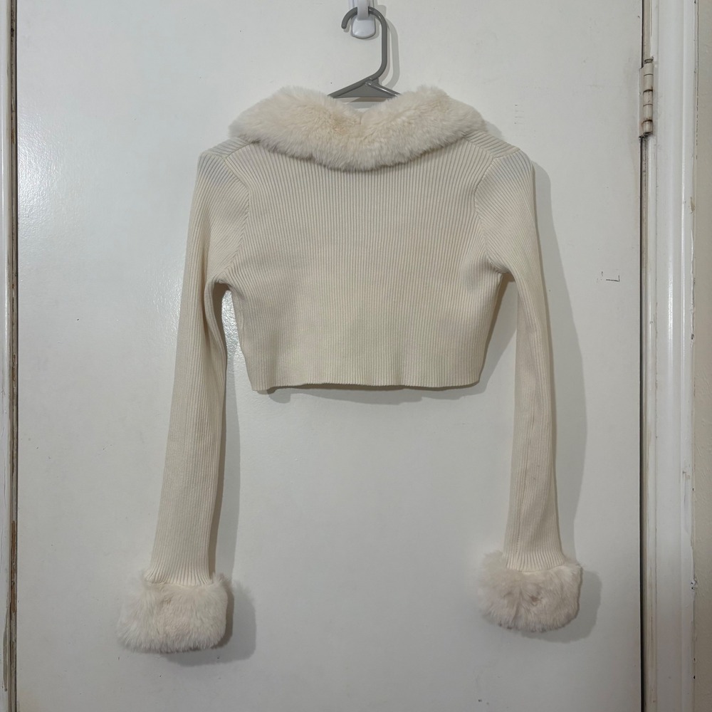 Y2K Cream Faux Fur Trim Cropped Ribbed Bolero Shrug Coquette Cardigan Glam M - Picture 3 of 6
